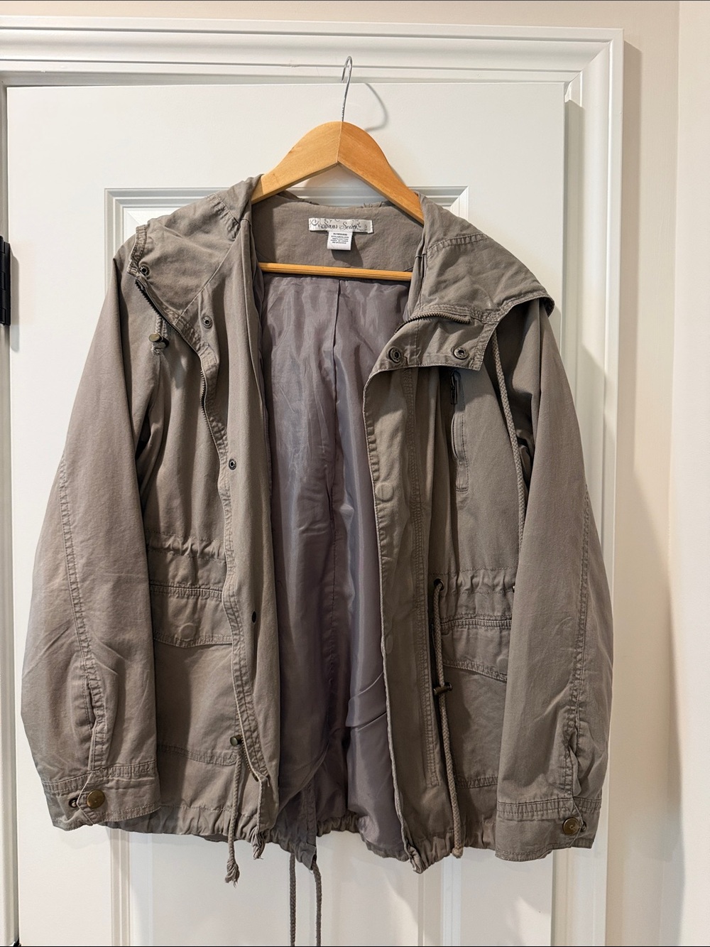 Sans Souci Taupe Hooded Field Jacket with Drawstring Waist